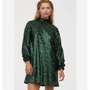 NWT H&M Green Sequin Holiday Mini Dress Women’s Medium Long Sleeves